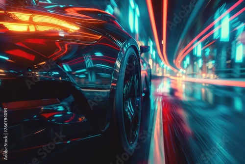 A fast-moving supercar, a supercar moving quickly at night with light lines, a dreamy concept sports car, a futuristic ultra-luxury sports car, and a colorful sports car light line © yuanfeng Z