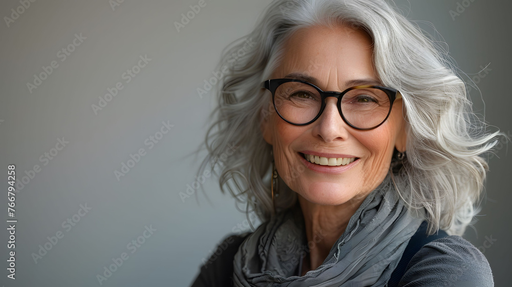 Elegant senior grandmother, woman in a grey studio setup background Elegant senior grandmother, woman in a grey studio setup background