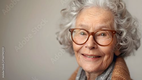 Elegant senior grandmother, woman in a cozy knit sweater at home