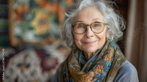 Elegant senior grandmother, woman in a cozy knit sweater at home