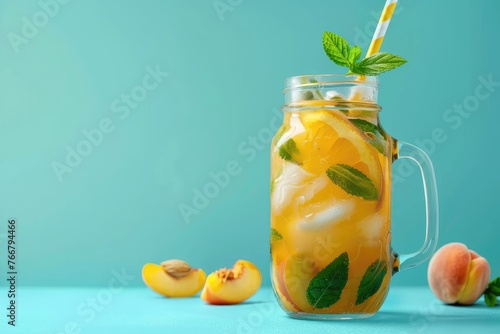 Refreshing Glass of Iced Tea With Mint and Peaches