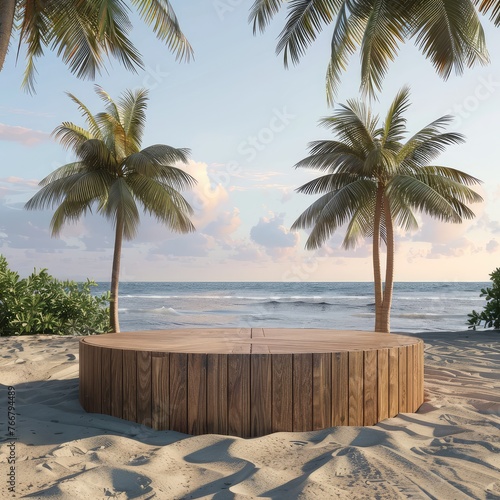 Round wooden podium on beach isolated on white background
