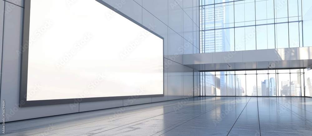 Obraz premium Empty billboard on a reflective wall of a corporate building with a simulated design, depicted in a 3D rendering.