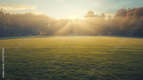 serene early morning shot of an empty soccer field with the first rays of sunlight a symbol of new