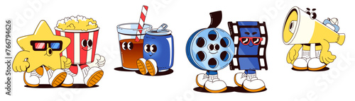 Cinema film character and cute popcorn movie icon. Theater food and snack vector. Hollywood mascot and funny video tape in glasses. Isolated happy megaphone, pop corn and soda design with face