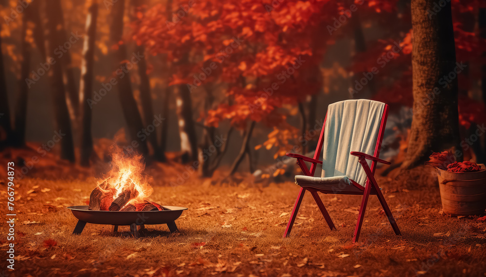 Autumn picnic in the forest by the campfire