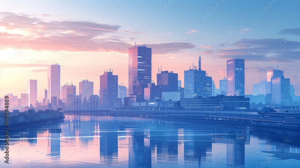 An artistic rendering of a minimalist futuristic city skyline with a focus on medical centers specializing in cardiology