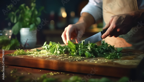 Cook cutting greens on wooden board