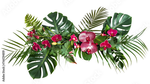 Tropical leaves and flowers garland bouquet arrangement mixes orchids flower with tropical foliage fern, philodendron and ruscus leaves, isolated on transparent background. #766794819