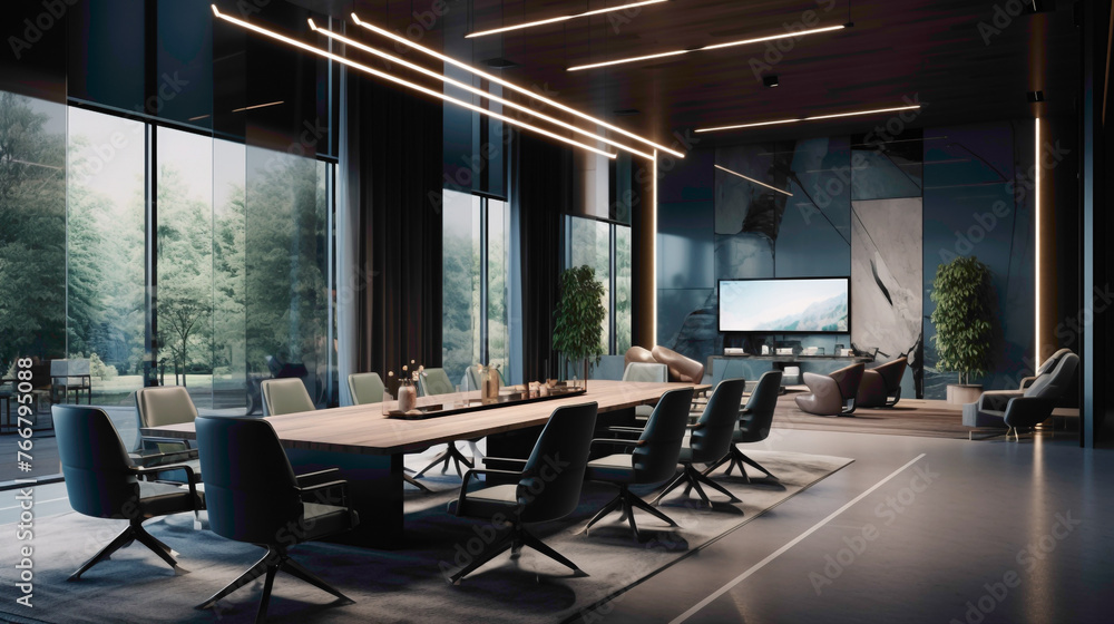 An upscale meeting room characterized by a monochromatic color scheme, sleek lines, and state-of-the-art technology seamlessly integrated into the design, fostering.