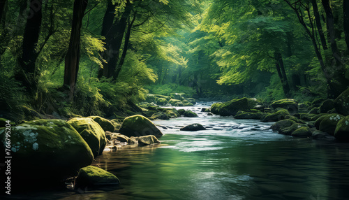 A quiet river flows in the forest in summer among green trees