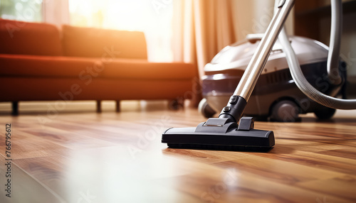 Close-up vacuum cleaner cleaning the floor in a bright apartment