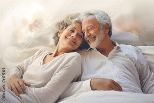 An elderly man and woman cuddling in bed, showcasing their enduring love and closeness
