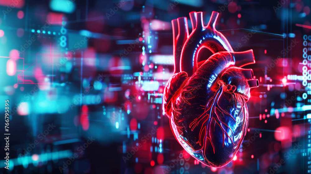 A bright human heart illuminates the center of a dark background A bright human heart illuminates the center of a dark background