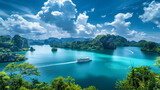 A cruise ship is anchored in the middle of a large body of water, surrounded by the natural beauty of a tropical bay