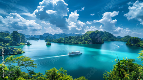 A cruise ship is anchored in the middle of a large body of water, surrounded by the natural beauty of a tropical bay