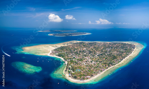 Aerial view of the beautiful tropical Gili Islands off the coast of Lombok in Indonesia photo