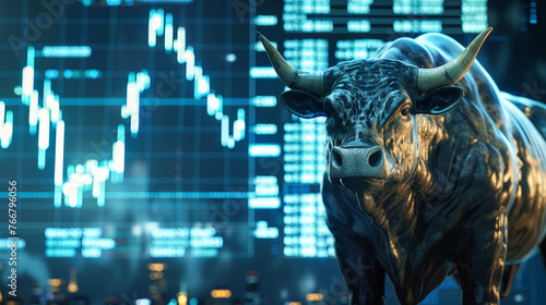 Bull statue stands in front of a fluctuating stock chart, symbolizing bullish market sentiment in trading © Anoo