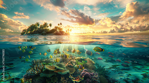A vibrant painting of a tropical ocean scene showcasing colorful corals and various fish swimming in crystal clear water