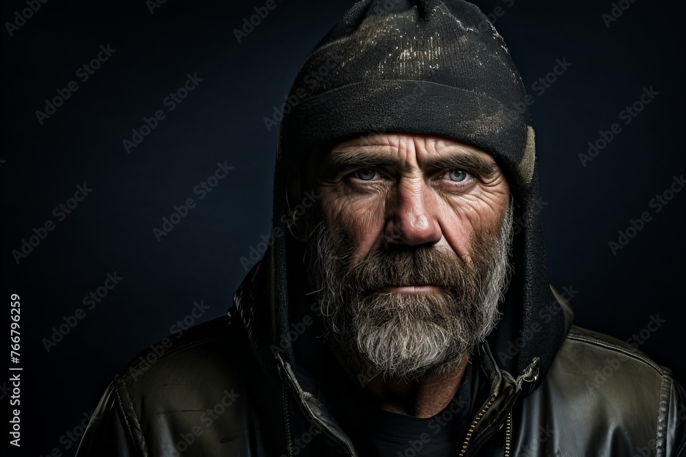 Portrait of an old man with a long beard and mustache in a leather jacket on a dark background Portrait of an old man with a long beard and mustache in a leather jacket on a dark background