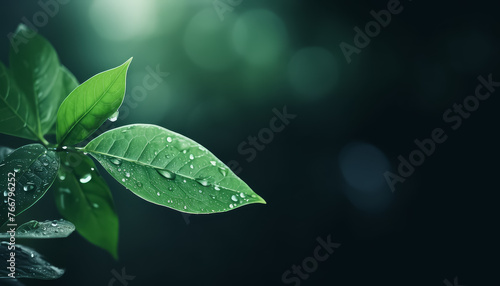 Raindrops on tea leaves on dark background