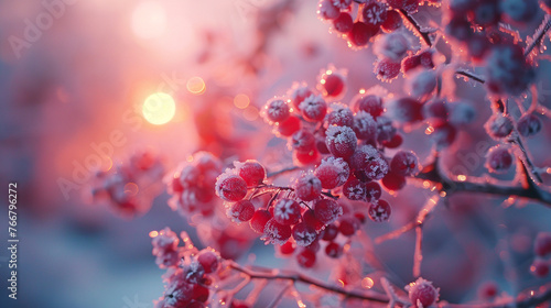 Sparkling frost crystals, winter berries.