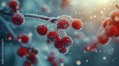 Sparkling frost crystals, winter berries. photo