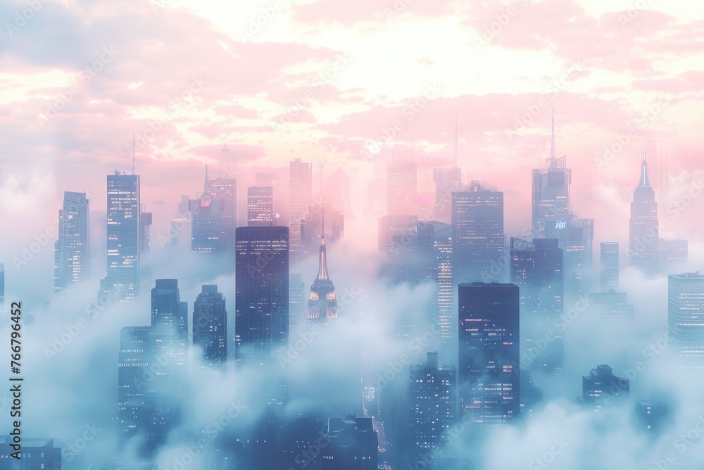 Foggy Cityscape at Sunset with Pastel Skyscrapers and Reflective River in a Modern Urban Setting