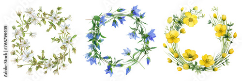 Wreath of yellow, blue and white flower meadow, forest wildflowers. Watercolor hand painting buttercup, holostea and blue bellflower round wreath frame on transparent background. photo