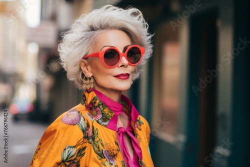 Fashionable blonde woman in sunglasses on the street of the city
