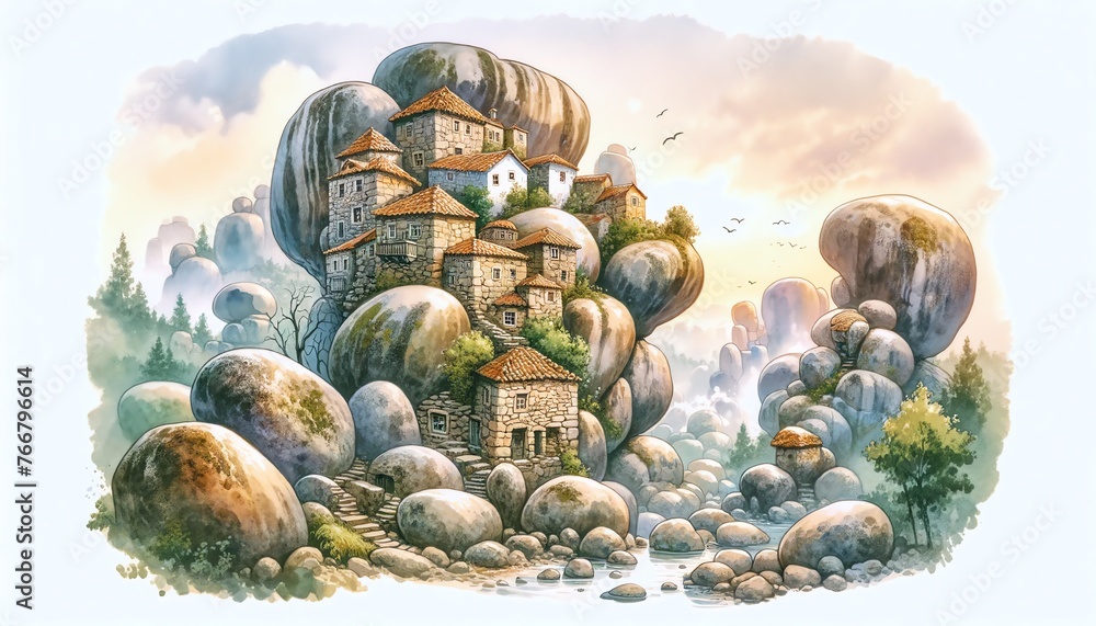 Φωτογραφία Watercolor Painting of Monsanto, Portugal