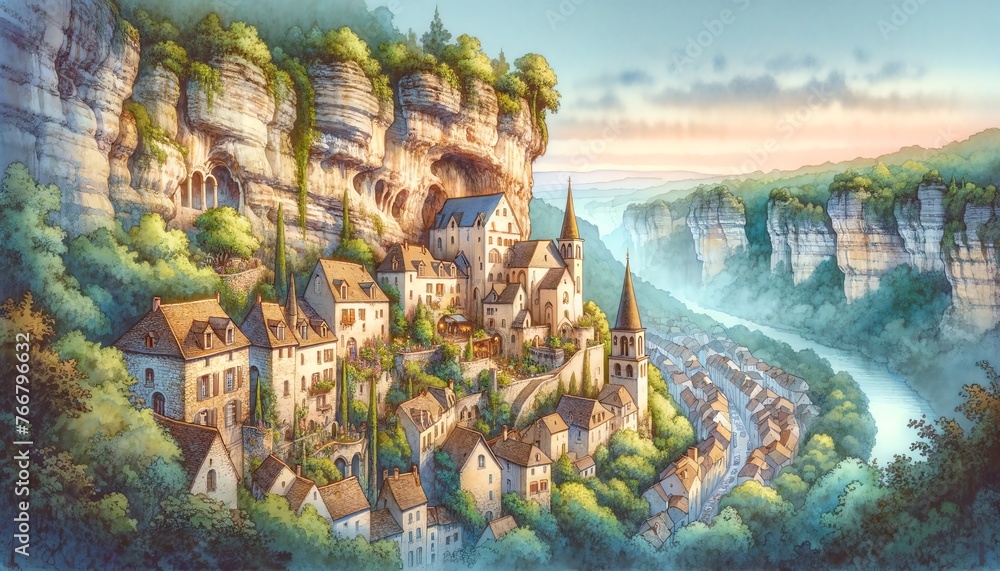 Φωτογραφία Watercolor Painting of Rocamadour, France