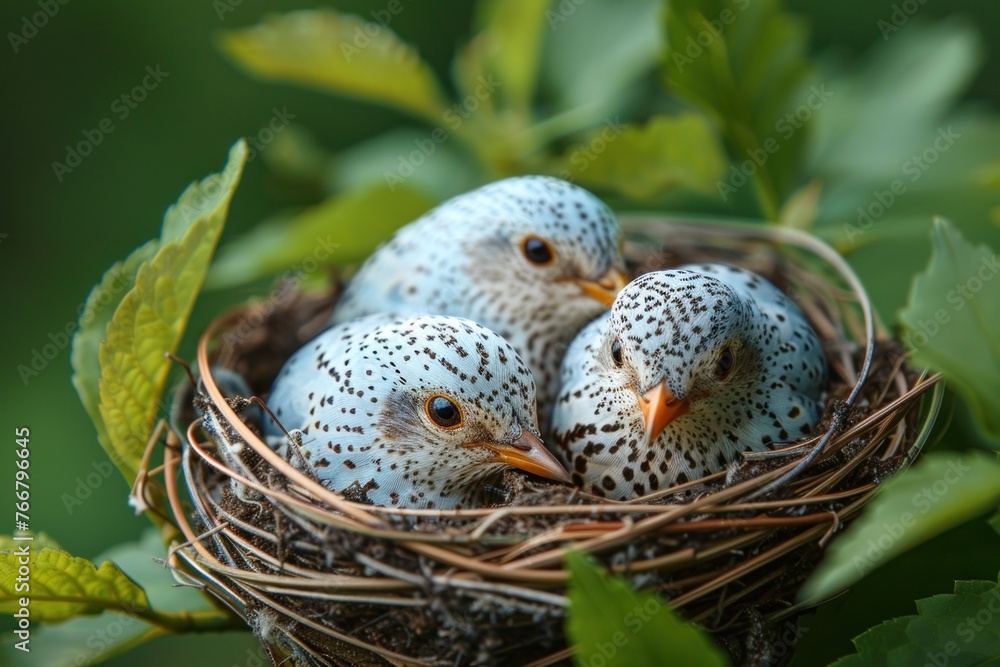 Three baby birds in a nest with a blurred background of green leaves. Three baby birds in a nest with a blurred background of green leaves.