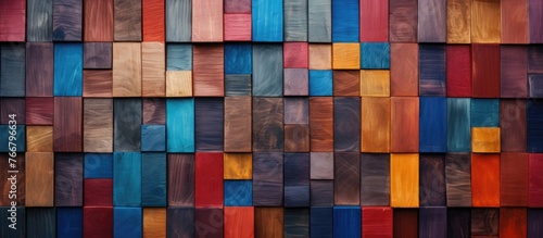An up-close view of a wooden wall painted in bright and assorted colors