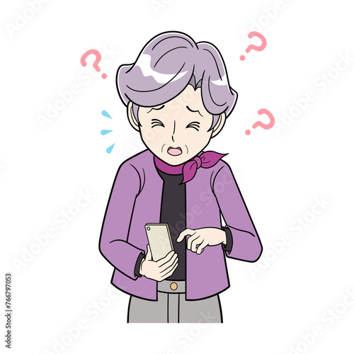 スマホの操作が分からずあせるシニア女性