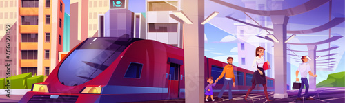 People on city train station. Vector cartoon illustration of men, woman and boy walking on metro platform, urban buildings on background, busy passengers using modern public transport services