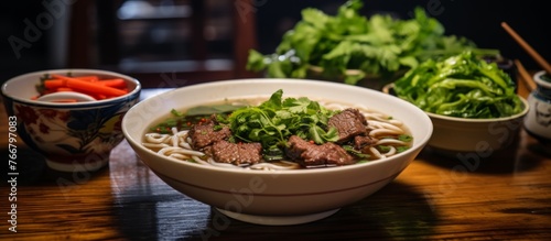 A hearty dish featuring meat, noodles, and broth in a bowl on a rustic wooden table, showcasing a delicious and comforting meal