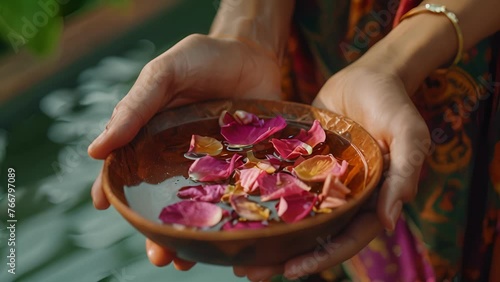 A womans hands gently massaging a warm oil infused with fragrant rose petals onto her skin embodying the selfcare and healing rituals of Ayurveda. photo