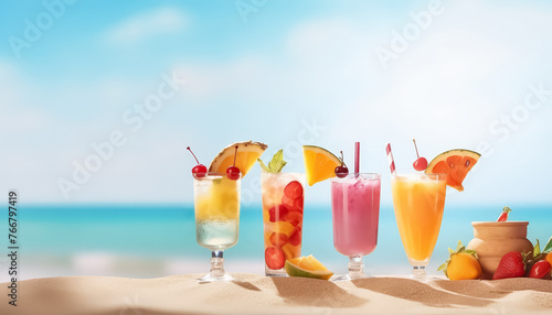 Cocktail glasses with alcohol and berries on the beach