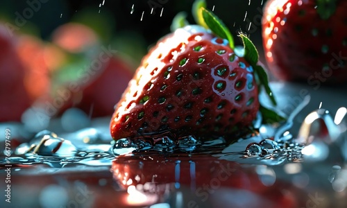 Gouttes d'eau sur une fraise fraîche, photographie en gros plan ,hyperdetailed, hyperrealistic