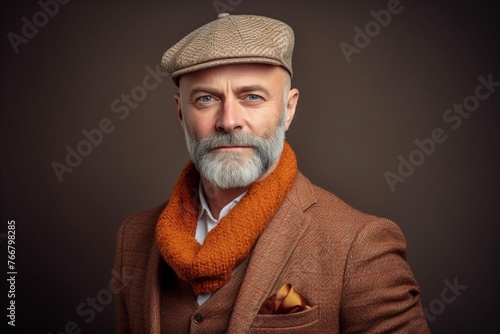 Portrait of a handsome senior man with grey beard wearing a hat and scarf.