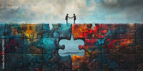 digital artwork depicts a metaphorical bridge made of puzzle pieces symbolizing the power of and to find solutions photo