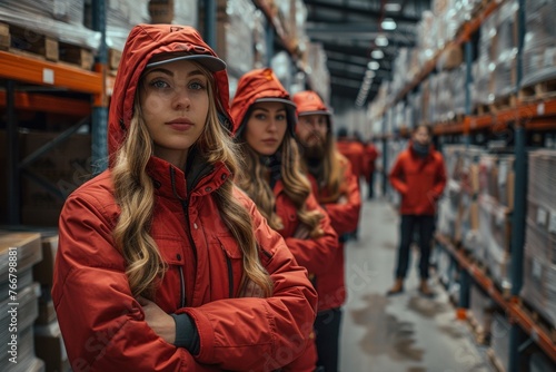Three warehouse workers in red jackets are standing in the warehouse aisle.