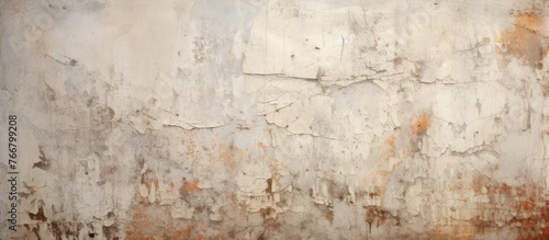 An aged wall displays chipped and flaking paint, contrasting with a bright red fire hydrant nearby in a city scene