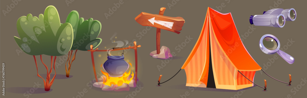 Obraz premium Summer camp equipment set isolated on background. Vector cartoon illustration of tourist tent, pot boiling above bonfire, direction signboard, binocular, magnifying glass, green bushes, forest picnic
