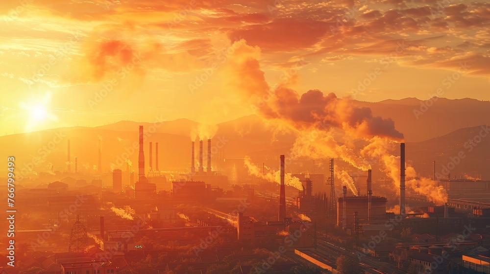 An industrial landscape with orange - tinted smokestacks emitting pollutants into the air,