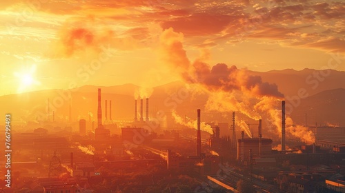 An industrial landscape with orange - tinted smokestacks emitting pollutants into the air,