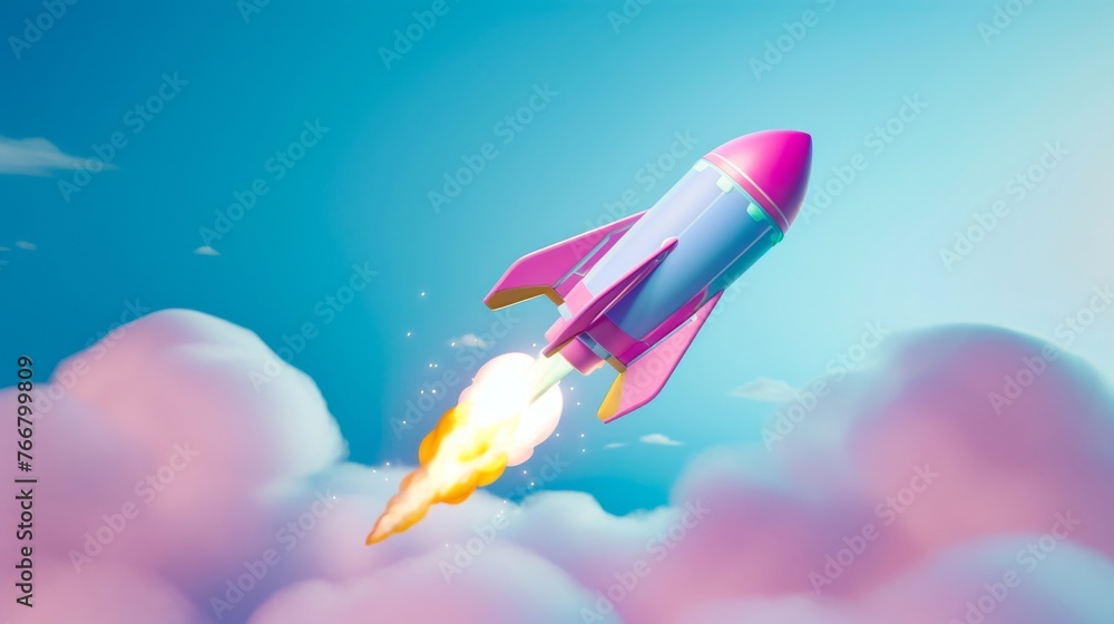 A floating holographic rocket surrounded by swirling ethereal clouds 3d render A floating holographic rocket surrounded by swirling ethereal clouds 3d render