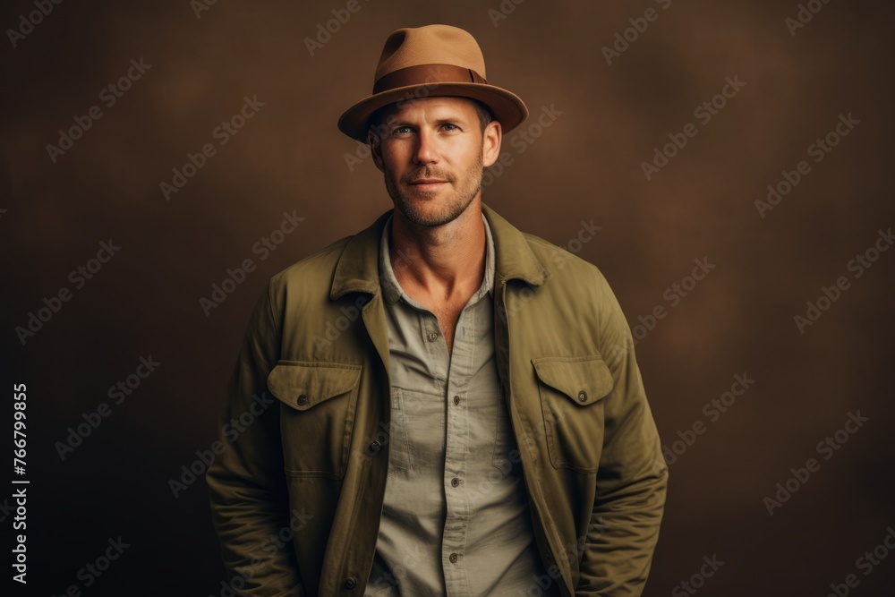 Handsome man in hat and green jacket on brown background. Handsome man in hat and green jacket on brown background.