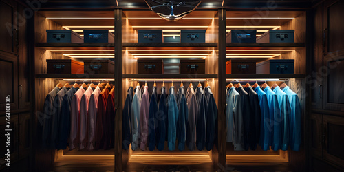 A photo of a interior of a luxury male wardrobe full of expensive suits shoes and other clothes bout 